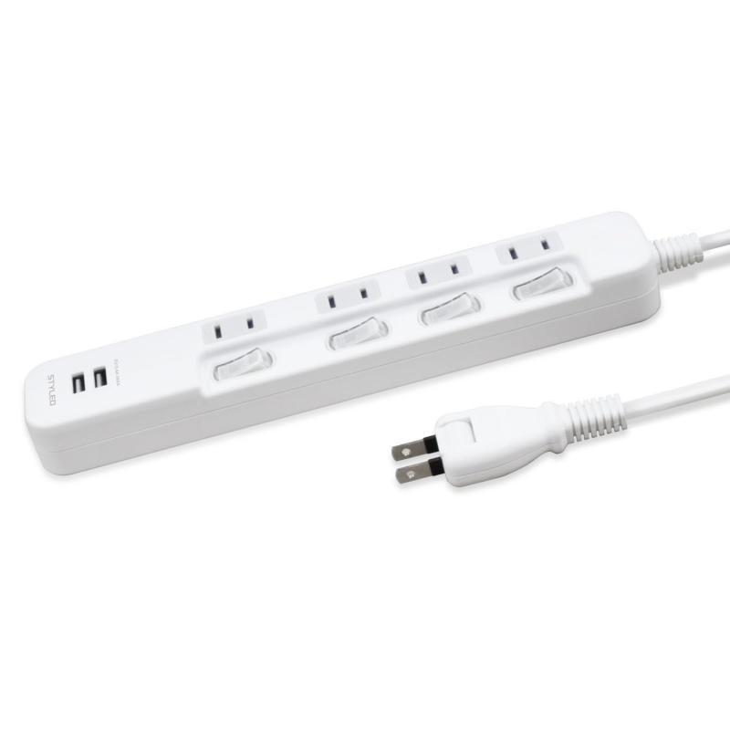 STYLED USB充電付 電源タップ コンセント4口 USB2ポート 合計3.4A シャッター付コンセント スイングプラグ OAタップ 延長コード ホワイト