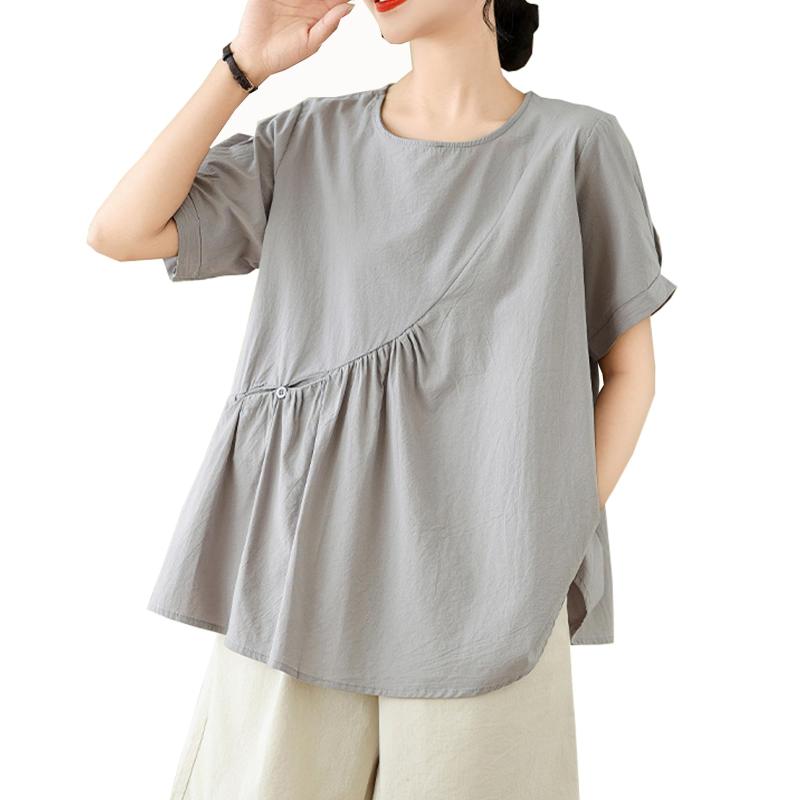 [CoeFodMavo] ブラウス レディース 半袖 シャツ トップス ボタン付き 丸首 プリーシャツ tシャツ 無地 ポケット付き オフィス ゆったり 大きいサイズ シンプル カジュアル おしゃれ 綿麻 体型カ