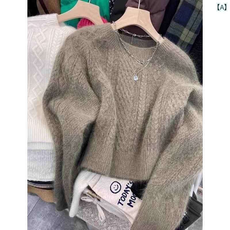 レディース ニット セーター 秋冬 ショート アライグマ ベルベット プルオーバー ケーブル ニット セー..