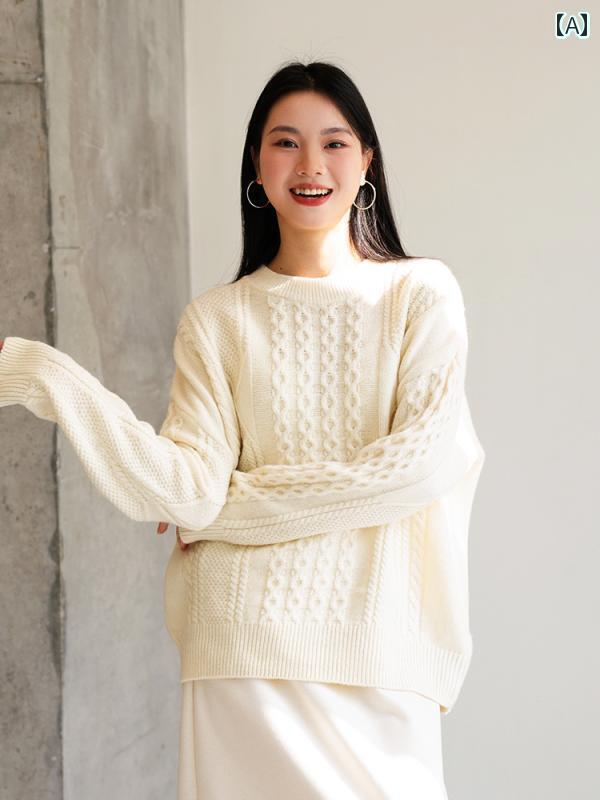 レディース ニット セーター 100%羊毛素材を使用したアンティーク風のレトロ単色ニットセーター。女性用冬トップスです。絞り模様が施されています。商品番号：HXPM063