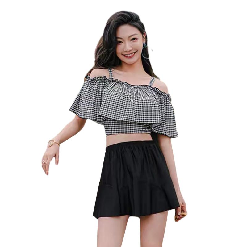 [Tumao] レディース オフショルダー ビキニ 2点セット 水着 ビスチェ風 チェック柄 フリル 体型カバー ..