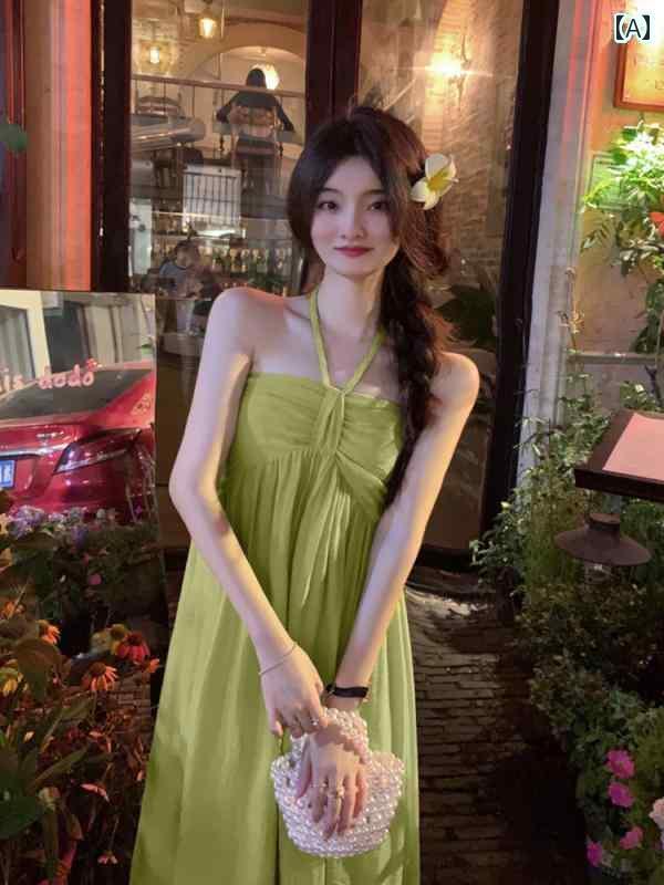 レディース トップス ホルターネック レディース トップス ホルターネック ティーブレイク. フランスの 海辺の 休暇. ビーチ. ホルターネック. サスペンダー ドレス. 女性. 夏. 美しい ミント マンボ ロング スカート(4)