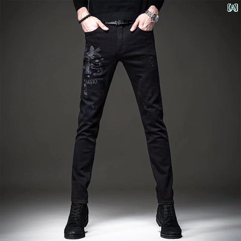 メンズ レディース 刺繍 春秋シーズン.高級で黒色の鯉の魚の刺繍が施メンズ風のヒップホップジーンズ。