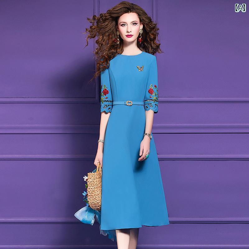 メンズ レディース 刺繍 春季の.凹凸感のあるエンブロイダリーが印象的な.ウエストマークできちんとしたAラインのワンピースです。