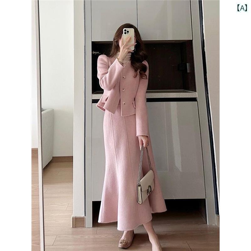 レディース ドレス おしゃれ 法国风格的高贵粉色小香风连衣裙，春秋季大尺码，修身设计，欧洲原装货源..