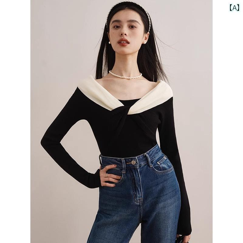 レディース ドレス おしゃれ 2025春秋エレガントな質感のニットトップス。シックで上品な女性らしいスタイルを演出するクロスが特徴です。