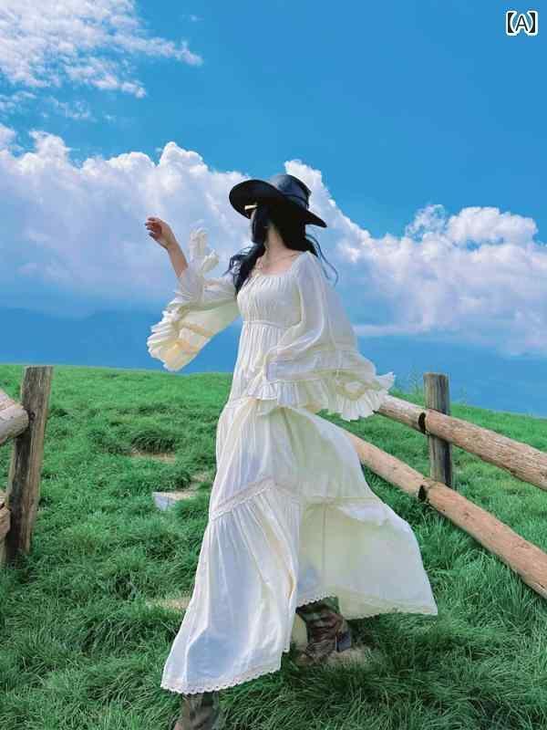 ワンピース ドレス レディース 　ウイグル 西部 四川 観光 ホリデー ドレス レディース 秋 重 工業 トランペット スリーブ ラージ スカート ベージュ フェアリー ロング