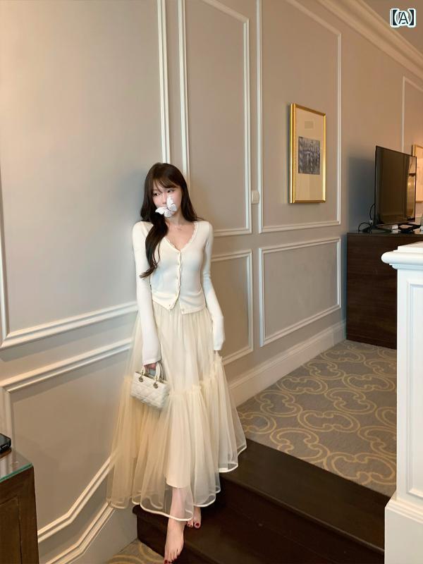 ワンピース ドレス レディース Lukira 盗 天使 フレンチ 雰囲気 多層 メッシュ スカート レディース ハイウエスト aライン ロング スカート