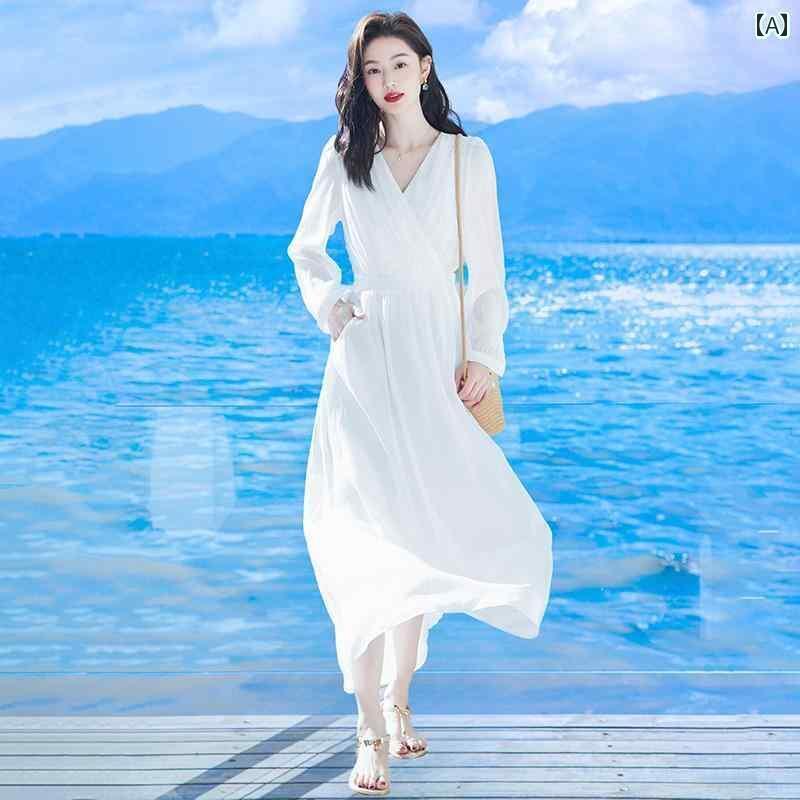 ワンピース ドレス レディース 2024 夏の新 スタイル フランスの フェアリー 美しい 白い ドレス 痩 身 ロング スカート 海辺の 休暇 ビーチ