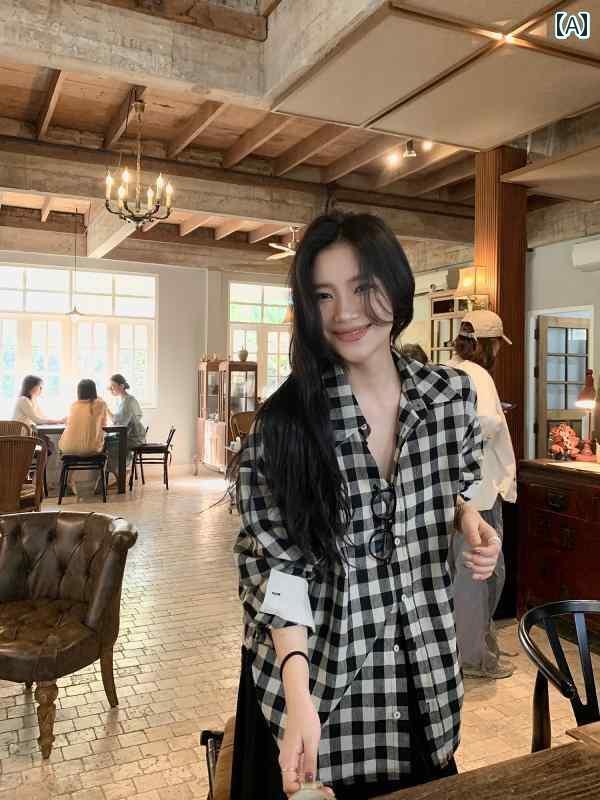 レディース チェック トップス DaqianwithUの.2025年の春にピッタリなシンプルでゆったりした女性用チェック柄の長袖シャツ。通勤やカジュアルにおすすめです。