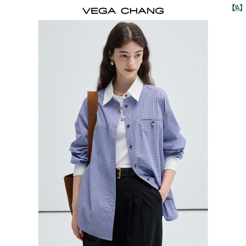VEGA CHANGの2025春秋シーズン.グリッド柄の女性用シャツ。コントラストカラーの襟が特徴で.フランス風のカジュアルロングスリーブトップスです。(4)