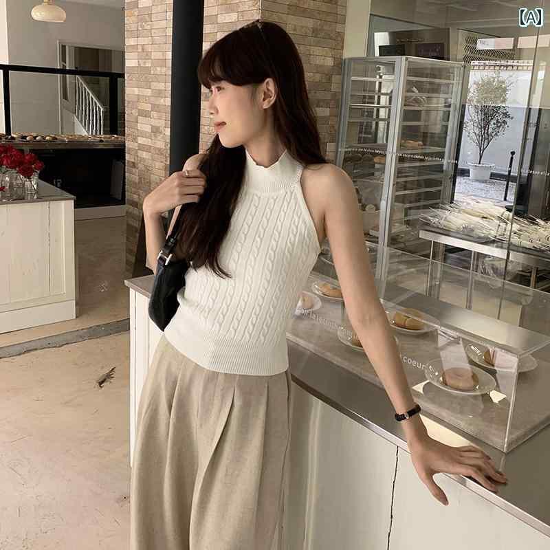 レディース トップス ホルターネック 2025年夏のコリアンオシャレなノースリーブトップスは.高さウエスト設計で背中を露出し.麻のような模様の紐がついています。(4)