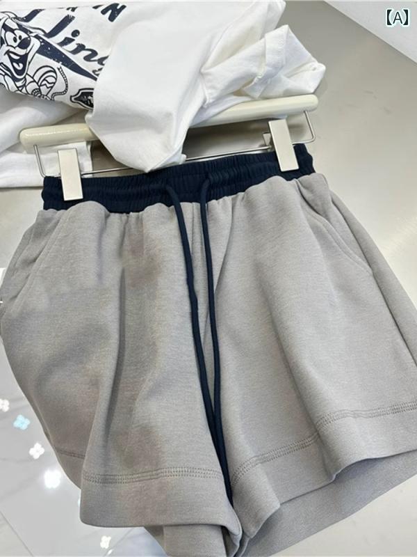 　ショート　ハーフ　パンツ　 夏用 グレー スポーツ ワイド レッグ ショーツ ステッチ ウエスト ゆっ..