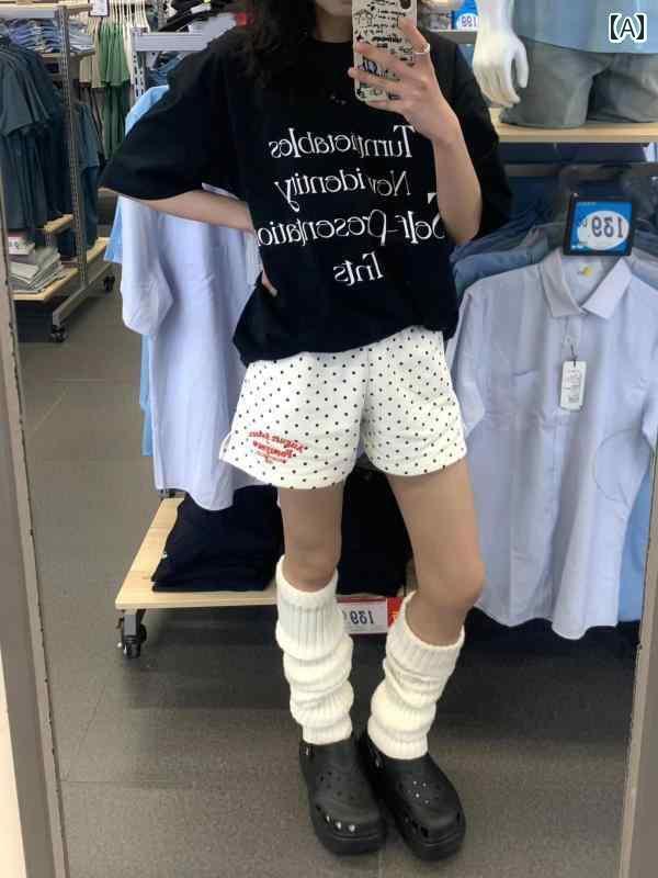 　ショート　ハーフ　パンツ　 アメリカン 綿 ドットの スポーツ ショーツ 女性用 夏用 ゆったり 文字 ..