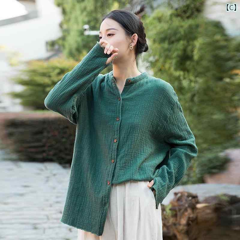 　レディース　シャツ　トップス レトロ 文学 スラブ コットンリネン 長袖 シャツ 秋 ソフトで 用途の 広い レディース リネン スタンドカラー トップ