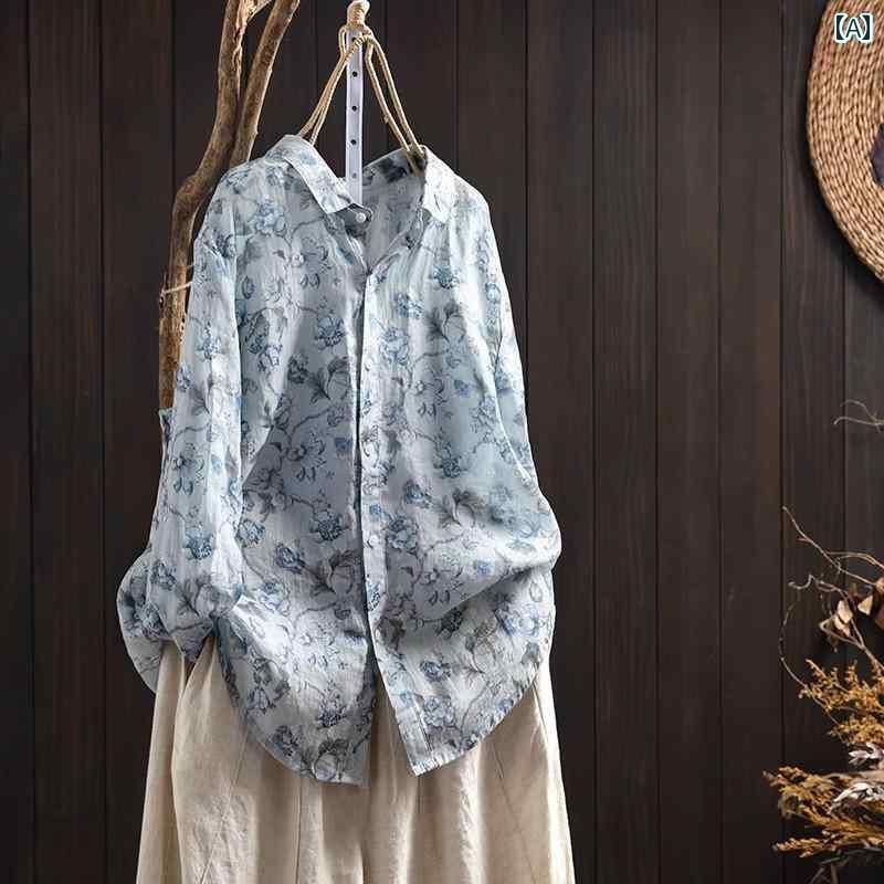 　レディース　シャツ　トップス フランスの 高級 ラミー シャツ 女性用 春秋 文学的な レトロ ゆったり レイ ヤード 長袖 リネン 花柄 トップス