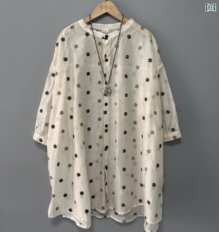 　レディース　シャツ　トップス ラミー 刺繍の 薄手 ボタン 付き ミドル 丈 シャツ レディース 2024 夏 ゆったり 大きめ サイズ シンプル 文学的な ドレープ