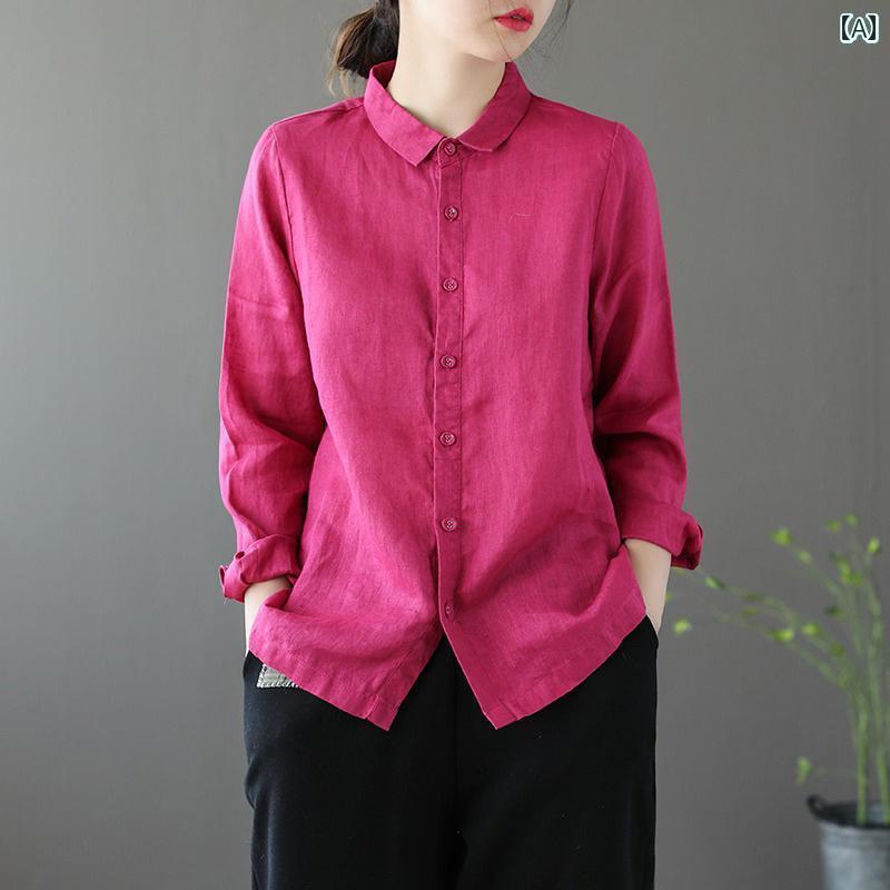 レディース　　シャツ　トップス ビッグ カウンター レディース 文学 リネンカーディガン トップス ゆったり コットンリネン 長袖 シャツ 秋