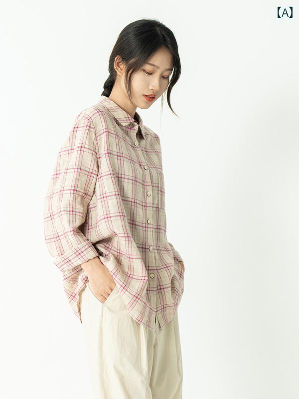 レディース　　シャツ　トップス Xihe ウォッシュ 2 色 糸 染め リネン コットン 文学 ゆったり カジュアル シャツ トップス レディース