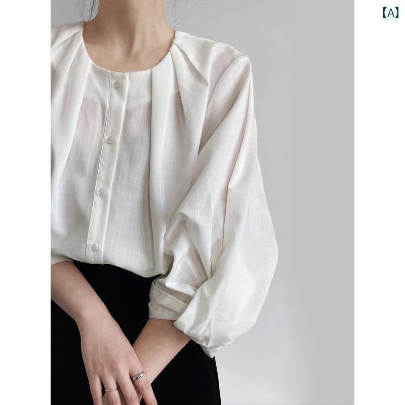 レディース　　シャツ　トップス 夏の 女性用 ラウンドネック コットンリネン シャツ トップス 襟なし スタイル 七分丈 ランタン スリーブ ゆったり 韓国