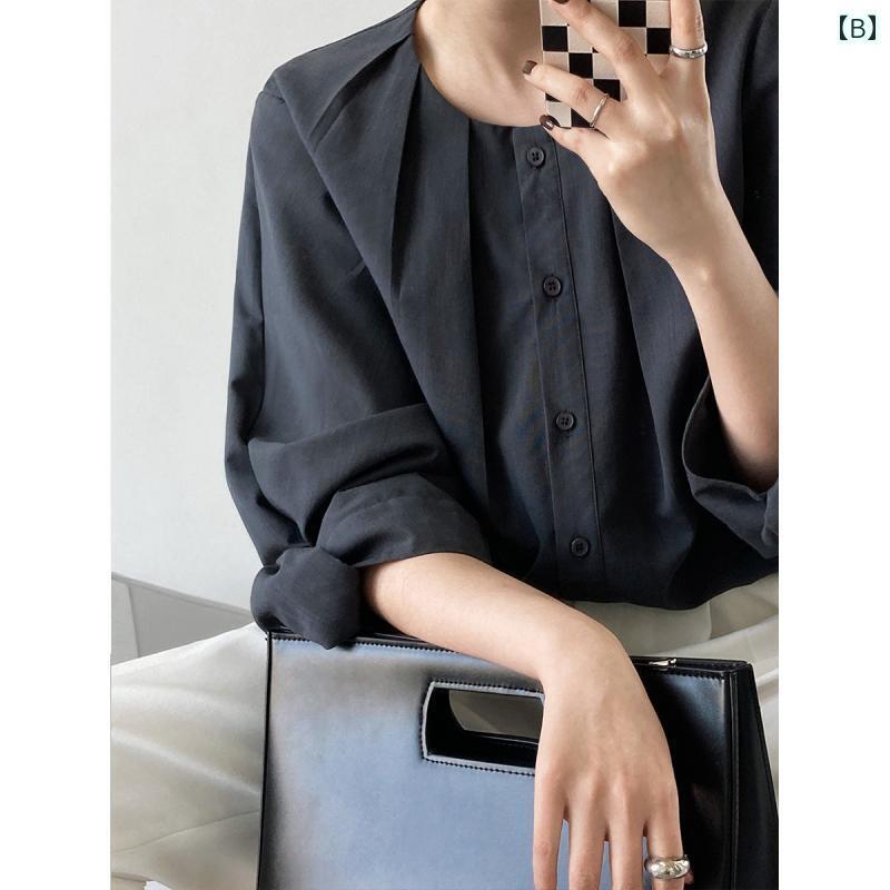 レディース　　シャツ　トップス 夏の 女性用 ラウンドネック コットンリネン シャツ トップス 襟なし スタイル 七分丈 ランタン スリーブ ゆったり 韓国