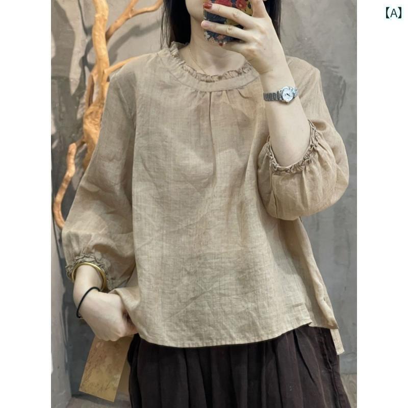 レディース　　シャツ　トップス リネンの 七分袖 フリルレース カラー シャツ 文学的な の コットンと ゆったり 無地の カジュアル トップス 女性用