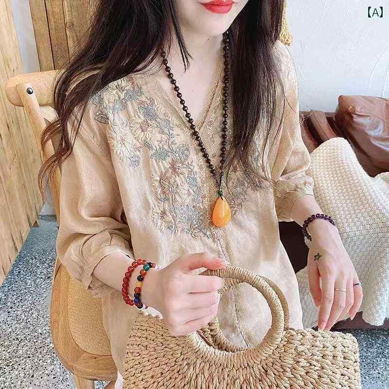 レディース　　シャツ　トップス レディース チャイナ風 刺繍入り コットンと リネンの シャツ 2024新 レディースシャツ ゆったり Vネックの リネン トップ