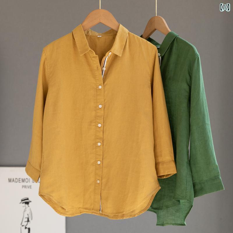 レディース　　シャツ　トップス 麻 イエローの 七分袖 シャツ レトロ アートの 高級 ゆったり カジュアル トップ