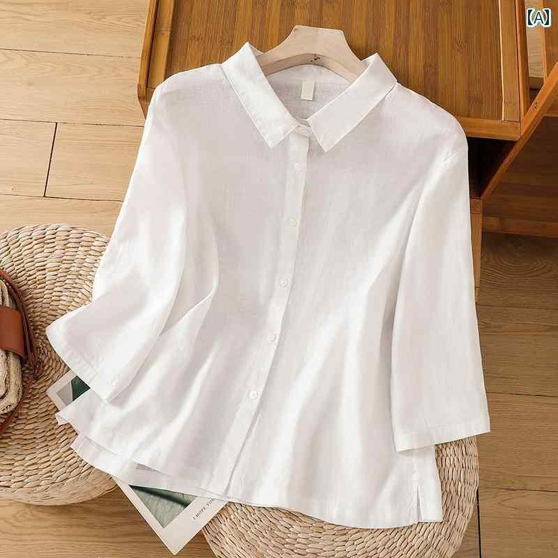 レディース　　シャツ　トップス ホワイト 高級 コットンリネン シャツ 女性 2025 夏 ブラック 大きいサイズ 七分袖 ゆったり リネン トップス