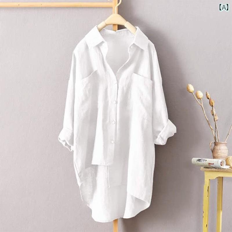 レディース　　シャツ　トップス 綿 リネンの 長袖 シャツ 女性用 春秋 2025年新 リネンシャツ 大きいサイズ ミドル 丈 トップス
