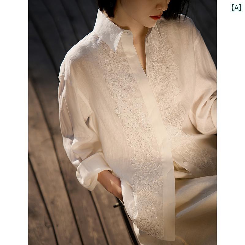 　レディース　シャツ　トップス ママ 高級 ホワイト リネンシャツ 女性 春秋 2025 春 ファッション シャツ 刺繍 トップ