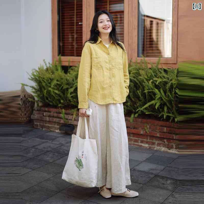 レディース　　シャツ　トップス 咲く 109 花 / 高級 塩 縮 酵素 洗い 亜 麻 糸 染め ブロンズ フラワ..