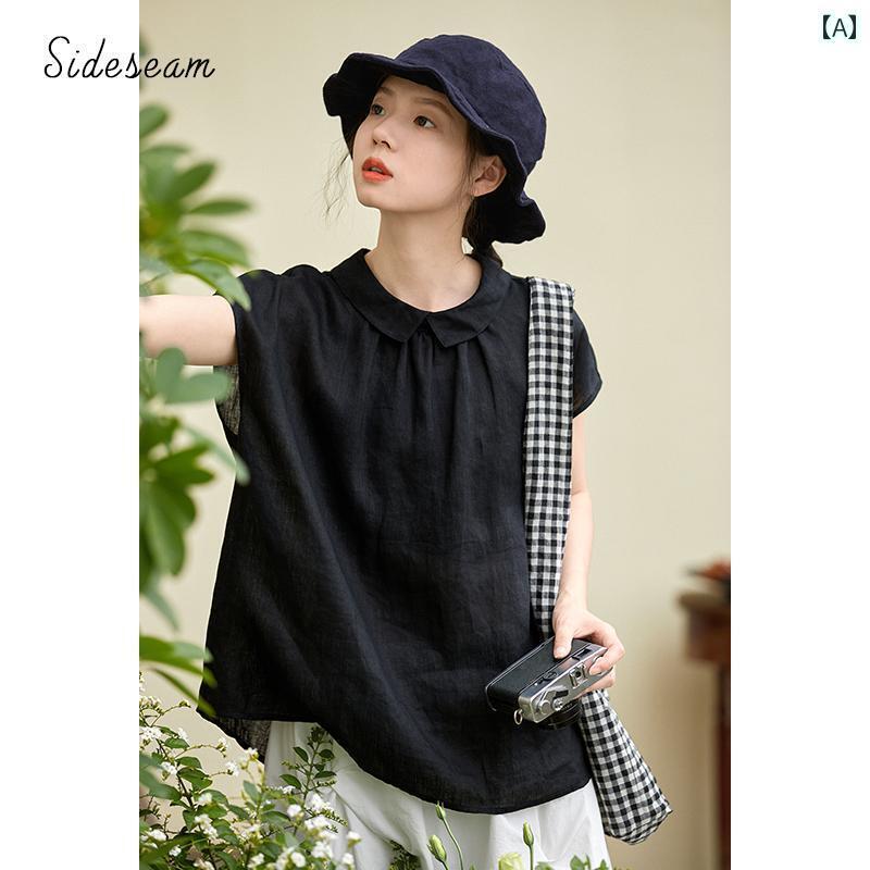 レディース　　シャツ　トップス エッジ シーム ブラック リネンシャツ 女性 2024 夏の 薄手 トップ ゆ..