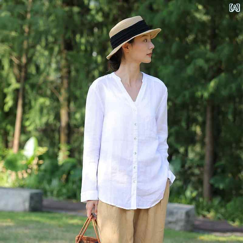 レディース　　シャツ　トップス ブ ノン 文学 レトロ フォレスト リネン 長袖 シャツ レディース スリムフィット 春夏 カジュアル ホワイト