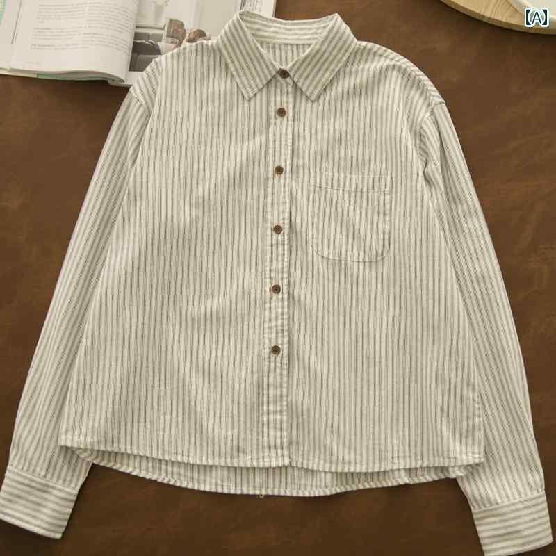 レディース　　シャツ　トップス 花の 前の 暖かい 春の フランスの 通勤 ストライプ コットンリネン シャツ レディースカジュアル スリム ショート