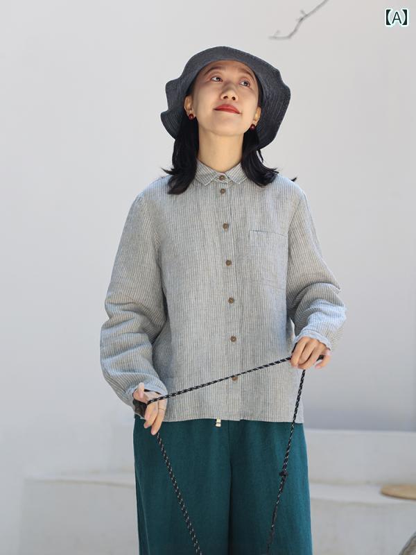 レディース　　Tシャツ　ゆったり 春 アート 長袖 シャツ リネン グレーストライプ カジュアル 通勤 トップス 女性 港 晴天