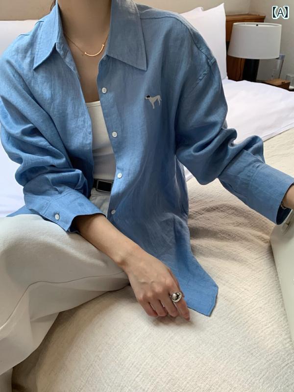 レディース　　Tシャツ　ゆったり 【 TE】 100 % リネン ゆったり 刺繍 シャツ 春夏 シンプル 韓国 カーディガン(4)