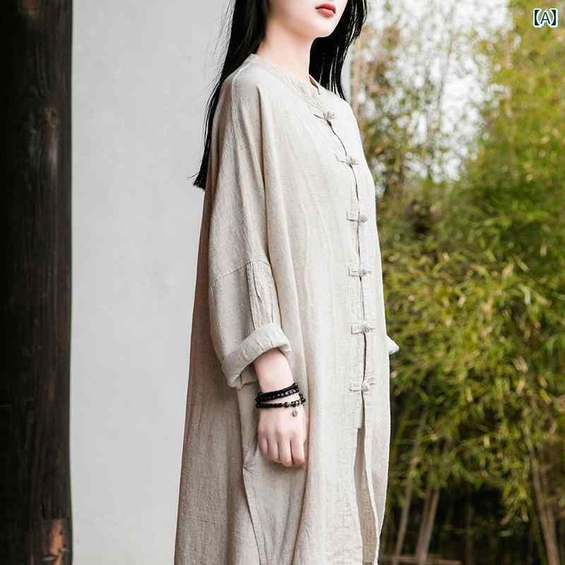 レディース　　シャツ　トップス リネン レトロ シャツ レディース 春秋 2024 ミドル丈 長袖 太極拳 ス..