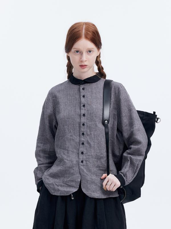 レディース　　シャツ　トップス Douwu Clothing ウォッシュド リネン ラウンドネック ピンストライプ ステッチ レディース シャツ