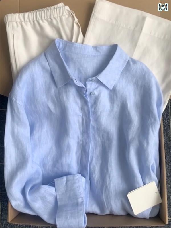 レディース　　シャツ　トップス の 品 高級 リネンシャツ レディース 夏 薄手 ゆったり オールド マネー スタイル コットンリネン シャツ アウターウェア 日焼け防止 トップス