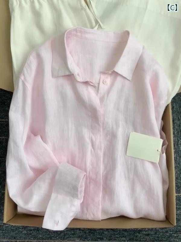 レディース　　シャツ　トップス の 品 高級 リネンシャツ レディース 夏 薄手 ゆったり オールド マネー スタイル コットンリネン シャツ アウターウェア 日焼け防止 トップス