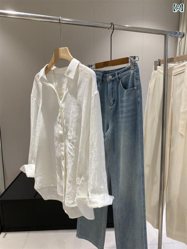 レディース　　シャツ　トップス 夏用の 女性用 フランス製 ホワイトリネン シャツ 薄手で ゆったり エレガント オールド マネー スタイル コットンと リネンの 日焼け防止 トップ 付きの アウター