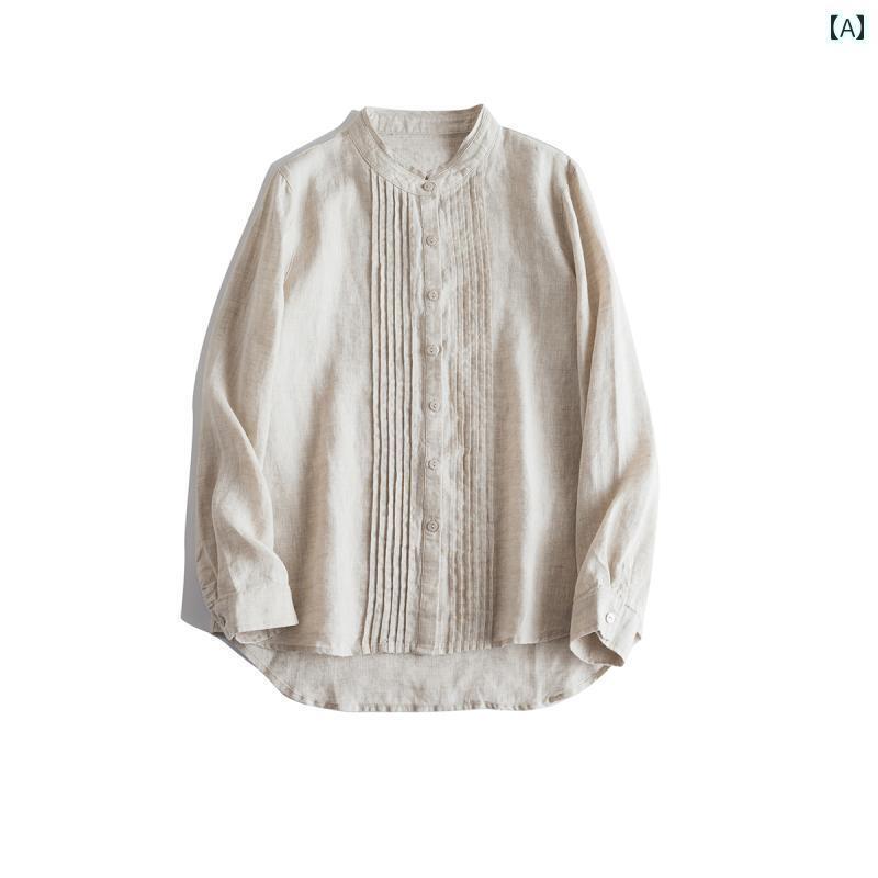 レディース　　シャツ　トップス 麻 ベーシック スタンドカラー 長袖 シャツ フロント センタープリーツ オール シーズン 通勤 文学 ホワイト レディース