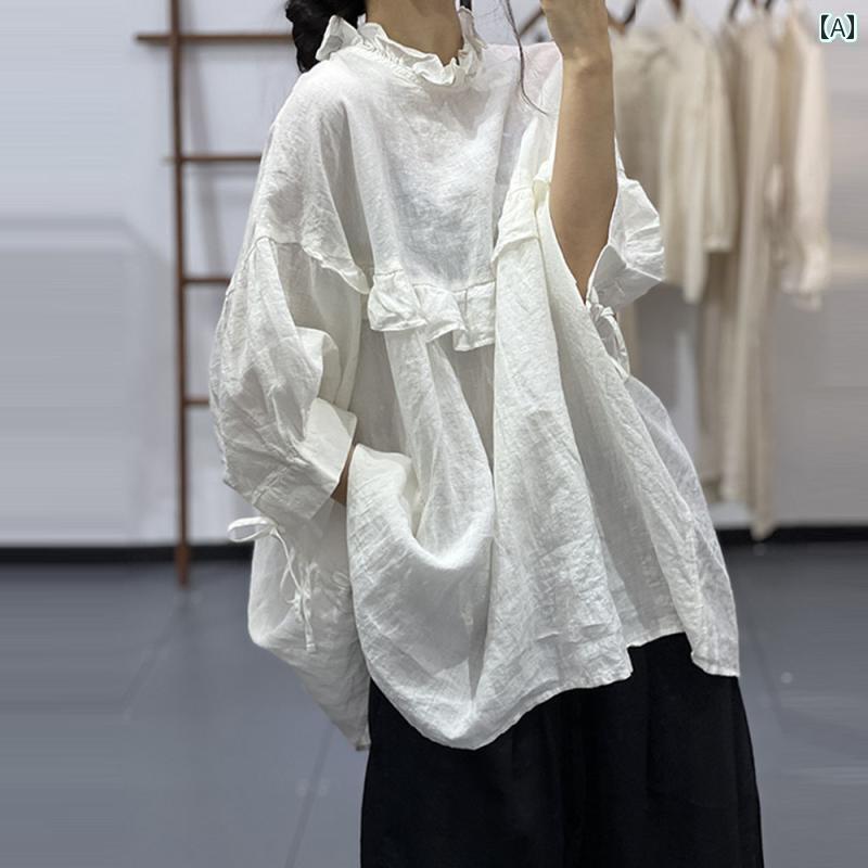 　トップス　レディース　シャツ 森の 夏 文学 森 風 木 耳 パッチワーク ベビー シャツ ゆったり な 年齢を 減らす リネンシャツ