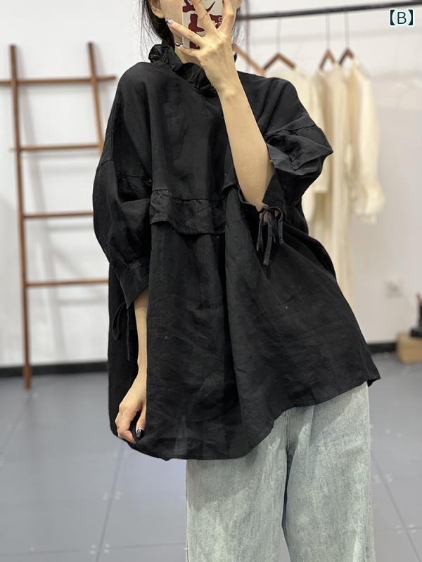 　トップス　レディース　シャツ 森の 夏 文学 森 風 木 耳 パッチワーク ベビー シャツ ゆったり な 年齢を 減らす リネンシャツ