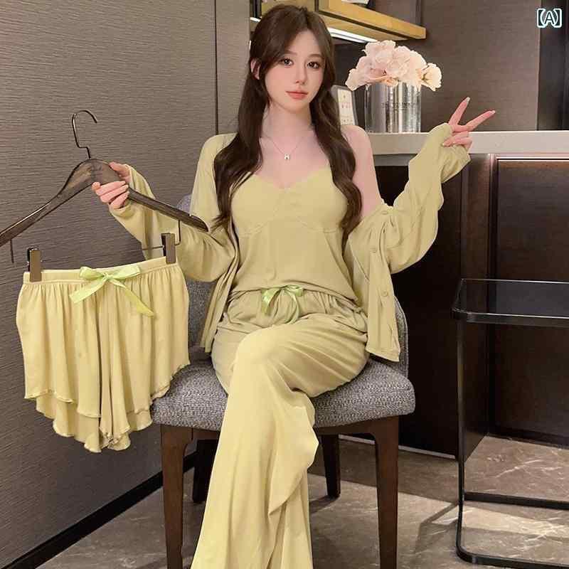 　パジャマ　レディース　上下 春秋 女性用 モダール パジャマ 綿 薄手 サスペンダー 長袖と長 ズボン ..