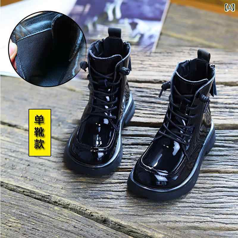 子供用 ブーツ 女の子 春秋用 シングル パテントレザー ソフト ソール 英国 風 キャットウォーク ボー..