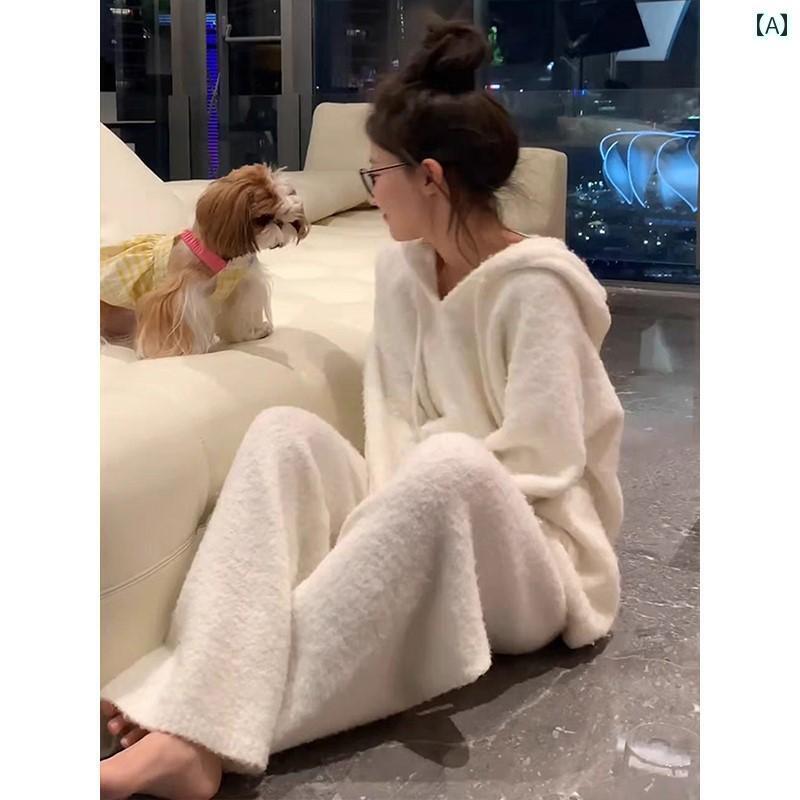 レディース　パジャマ　スウェット　上下 GP ホワイト スタイル ハーフ ベルベット パジャマ レディース 秋冬 コーラル フリース 暖かい フード付き ホームウェア スーツ