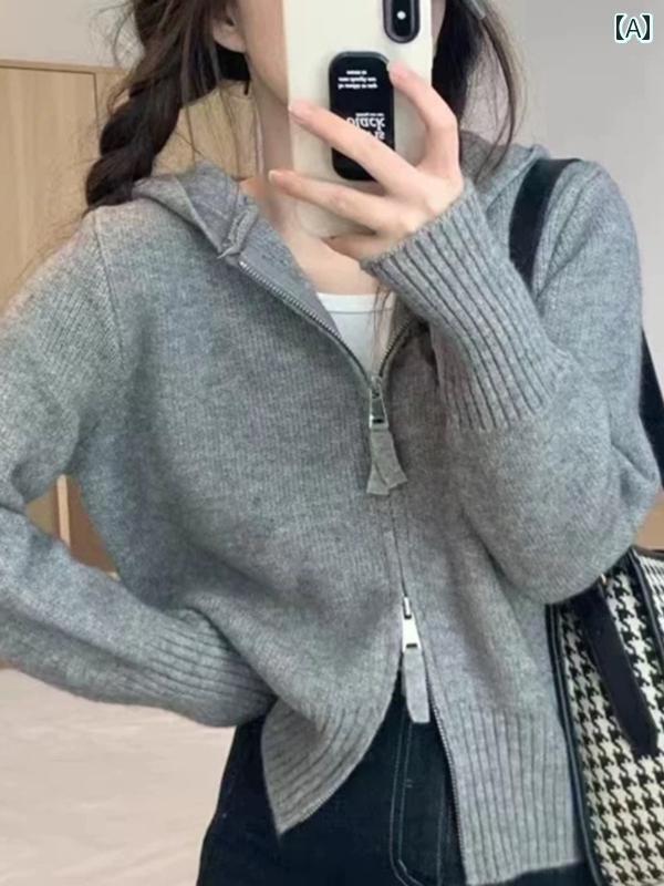 パーカー　フード付き　ニット 早春 100 % ウール カーディガン レディース フード付き ダブル ジッパ..