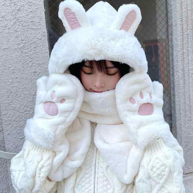 帽子 うさぎ耳 かわいい 2024新 スタイル 帽子 スカーフ 手袋 オール イン ワン 冬 かわいい スリーインワン ウサギ 耳 ふわふわ 学生 女性用